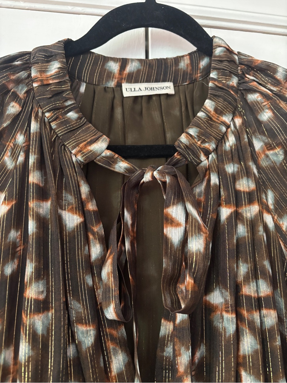 Ulla Johnson Tunis Midi Dress 100% Silk Olive Prism Metallic Puff Sleeve Size 4 - Picture 8 of 16